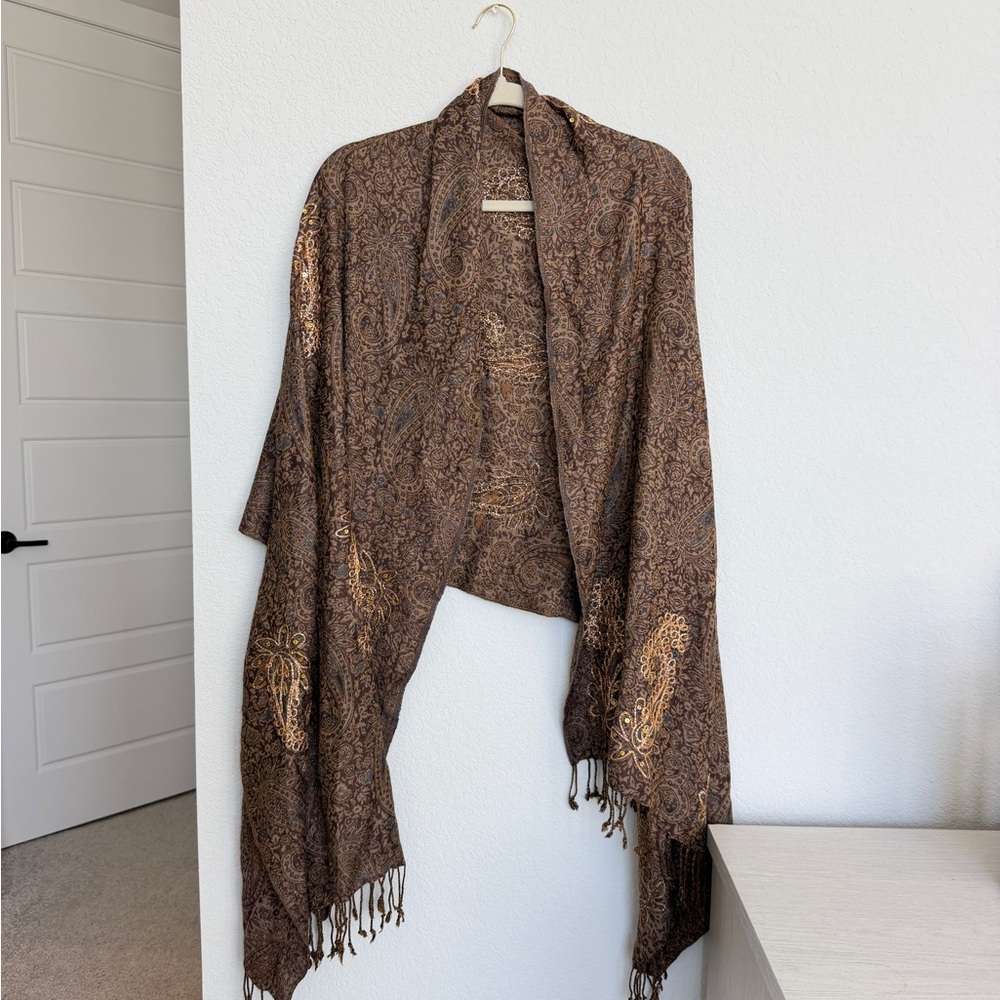 V.Valentino Brown Paisley Indian Shawl Wrap with Fringe & Embellishing